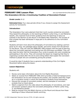FEBRUARY ONE Lesson Plan Pbs.Org/Independentlens/Februaryone the Greensboro Sit-Ins: a Continuing Tradition of Nonviolent Protest