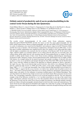 Orbital Control of Productivity and of Sea-Ice Production/Drifting in the Central Arctic Ocean During the Late Quaternary