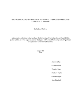 Menagerie to Me / My Neighbor Be”: Exotic Animals and American Conscience, 1840-1900