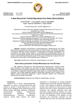 A New Record for Turkish Mycobiota from Selim (Kars) District