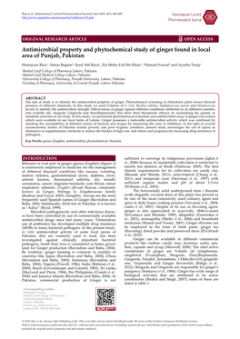 Antimicrobial Property and Phytochemical Study of Ginger Found in Local Area of Punjab, Pakistan