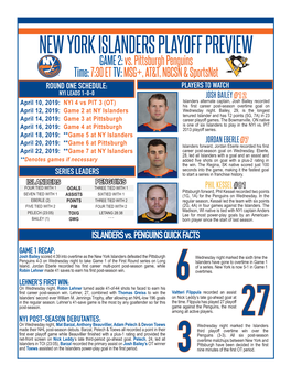 NEW YORK ISLANDERS PLAYOFF PREVIEW GAME 2: Vs
