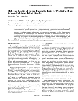 Molecular Genetics of Human Personality Traits for Psychiatric, Behav- Ioral, and Substance-Related Disorders Eugene Lin*,1 and Po See Chen*,2,3