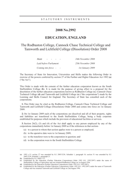 2008 No.2992 EDUCATION, ENGLAND the Rodbaston College