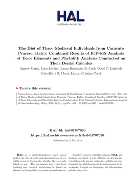 The Diet of Three Medieval Individuals from Caravate (Varese, Italy). Combined Results of ICP-MS Analysis of Trace Elements