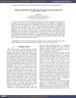 Design of Experiments for Light Speed Invariance to Moving Observers