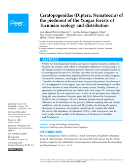 Diptera: Nematocera) of the Piedmont of the Yungas Forests of Tucuma´N: Ecology and Distribution