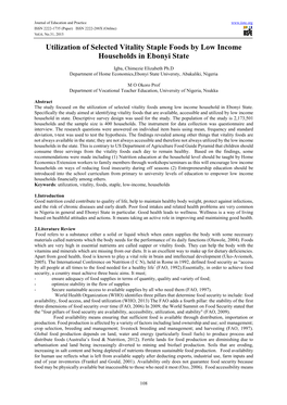 Utilization of Selected Vitality Staple Foods by Low Income Households in Ebonyi State