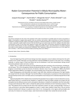 Radon Concentration Potential in Bibala Municipality Water: Consequences for Public Consumption