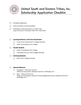 United South and Eastern Tribes, Inc. Scholarship Application Checklist