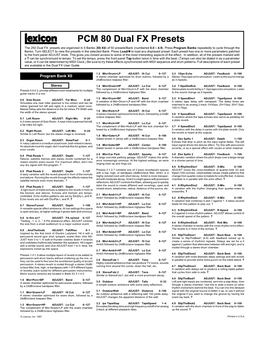 PCM 80 Dual FX Presets PCM 80 Dual FX Presets the 250 Dual FX Presets Are Organized in 5 Banks (X0-X4) of 50 Presets/Bank (Numbered 0.0 Ð 4.9)