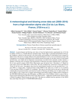 A Meteorological and Blowing Snow Data Set (2000–2016) from a High-Elevation Alpine Site (Col Du Lac Blanc, France, 2720 M A.S.L.)