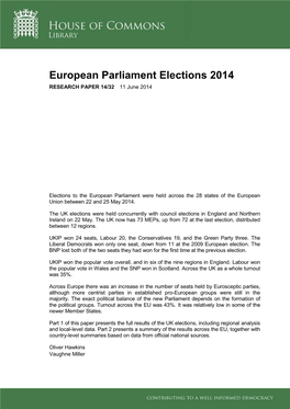 European Parliament Elections 2014 RESEARCH PAPER 14/32 11 June 2014