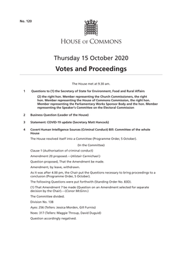 Votes and Proceedings for 15 Oct 2020