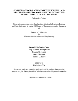 Synthesis and Characterization of Solution and Melt Processible Poly(Acrylonitrile-Co-Methyl Acrylate) Statistical Copolymers