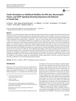 Tactile Stimulation on Adulthood Modifies the HPA Axis, Neurotrophic Factors, and GFAP Signaling Reverting Depression-Like Behavior in Female Rats