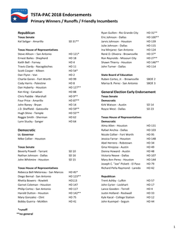 TSTA-PAC 2018 Endorsements Primary Winners / Runoffs / Friendly Incumbents