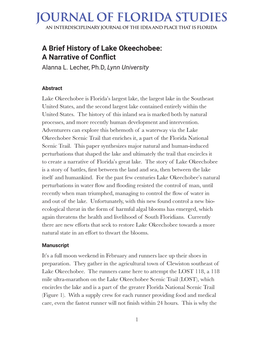 A Brief History of Lake Okeechobee: a Narrative of Confict Alanna L