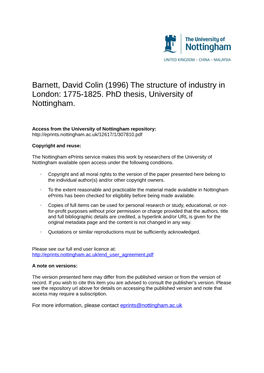 The Structure of Industry in London: 1775-1825. Phd Thesis, University of Nottingham