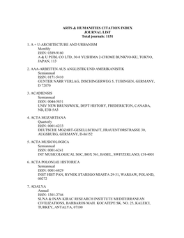 ARTS & HUMANITIES CITATION INDEX JOURNAL LIST Total