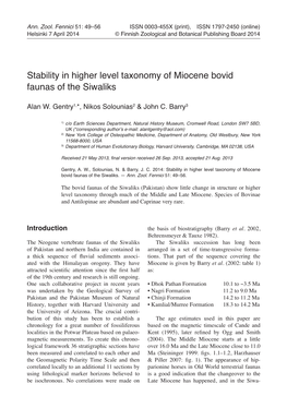 Stability in Higher Level Taxonomy of Miocene Bovid Faunas of the Siwaliks