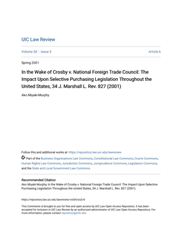 In the Wake of Crosby V. National Foreign Trade Council: the Impact Upon Selective Purchasing Legislation Throughout the United States, 34 J