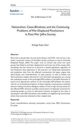 Nationalism, Caste-Blindness, and the Continuing Problems of War-Displaced Panchamars in Post-War Jaffna Society