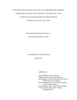 Tone Parallels in Music for Film: the Compositional Works of Terence Blanchard in the Diegetic Universe and a New Work for Studio Orchestra By