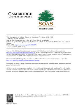 The Emergence of Labour Camps in Shandong Province, 1942-1950 Author(S): Frank Dikötter Source: the China Quarterly, No