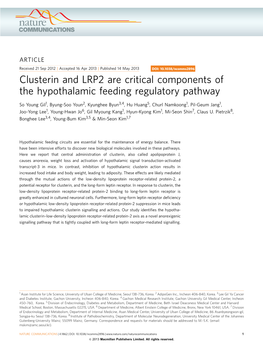Clusterin and LRP2 Are Critical Components of the Hypothalamic Feeding Regulatory Pathway