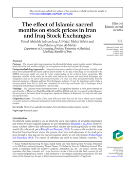 The Effect of Islamic Sacred Months on Stock Prices in Iran and Iraq Stock Exchanges, Four Hypotheses Have Been Tested for Each Country, As Follows: Iraq H1