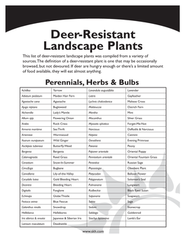 Deer-Resistant Landscape Plants This List of Deer-Resistant Landscape Plants Was Compiled from a Variety of Sources