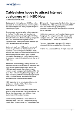 Cablevision Hopes to Attract Internet Customers with HBO Now 16 March 2015, Bytali Arbel