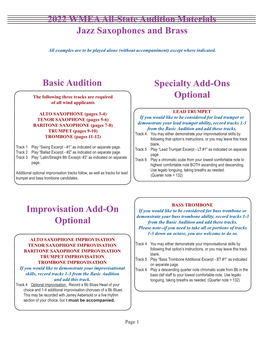 2022 WMEA All-State Audition Materials Jazz Saxophones and Brass