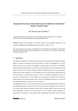 Bryophyte Diversity of the Lowlands and Midlands of Kozhikode District 1