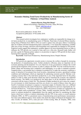 Dynamics Shaking Total Factor Productivity in Manufacturing Sector of Pakistan: a Panel Data Analysis