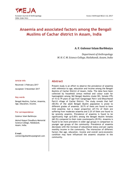 Anaemia and Associated Factors Among the Bengali Muslims of Cachar District in Assam, India