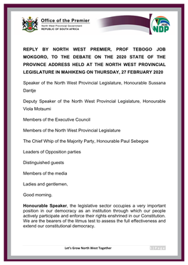 Reply by North West Premier, Prof Tebogo Job