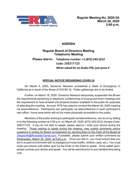 Regular Meeting No. 2020-3A March 26, 2020 2:00 P.M. AGENDA Regular Board of Directors Meeting Telephonic Meeting Please Dial-In