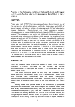 Potential of the Blattisocius Mali (Acari: Blattisociidae) Mite As Biological Control Agent of Potato Tuber Moth (Lepidoptera: Gelechiidae) in Stored Potatoes