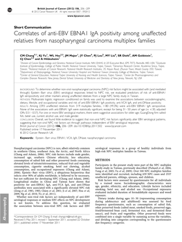 Correlates of Anti-EBV EBNA1 Iga Positivity Among Unaffected Relatives from Nasopharyngeal Carcinoma Multiplex Families