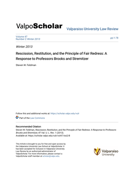 Rescission, Restitution, and the Principle of Fair Redress: a Response to Professors Brooks and Stremitzer