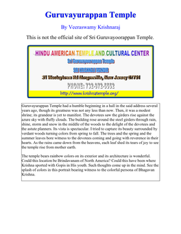 By Veeraswamy Krishnaraj This Is Not the Official Site of Sri Guruvayoorappan Temple