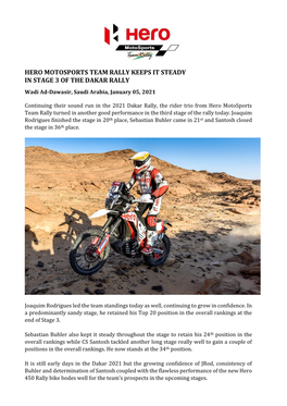 HERO MOTOSPORTS TEAM RALLY KEEPS IT STEADY in STAGE 3 of the DAKAR RALLY Wadi Ad-Dawasir, Saudi Arabia, January 05, 2021