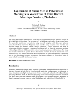 Experiences of Shona Men in Polygamous Marriages in Ward Four of Chivi District, Masvingo Province, Zimbabwe