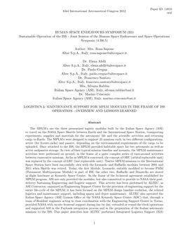 Sustainable Operation of the ISS - Joint Session of the Human Space Endeavours and Space Operations Symposia (4-B6.5)