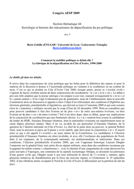 Congrès AFSP 2009 Section Thématique 44 Sociologie Et Histoire Des Mécanismes De Dépacification Du Jeu Politique