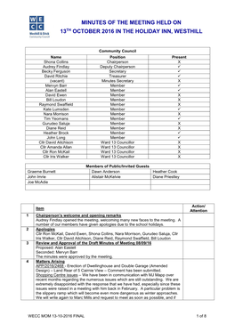 Minutes of the Meeting Held on 13Th October 2016 in the Holiday Inn, Westhill