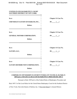 UNITED STATES BANKRUPTCY COURT SOUTHERN DISTRICT of NEW YORK ------X : in Re : Chapter 11 Case No