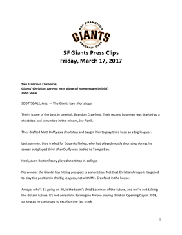 SF Giants Press Clips Friday, March 17, 2017